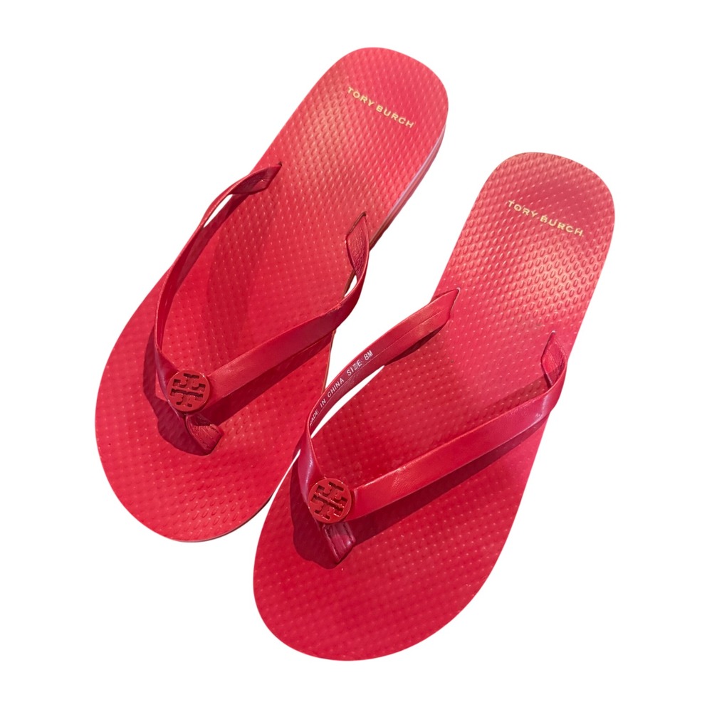 Tory Burch Jelly Logo Flip Flops Women Size 8M Red Thong Preppy Beach Vacation